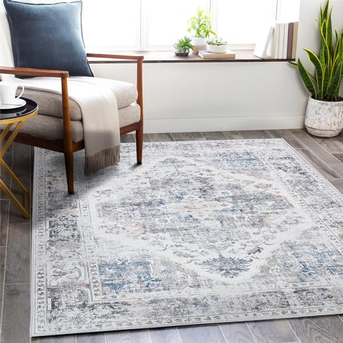 TOPICK Tapis Vintage Gris Grand Lavable en Machine Poil Ras de Salon Persan Oriental Antidérapant pour Chambre Adulte Cuisine Bureau 182x274CM
