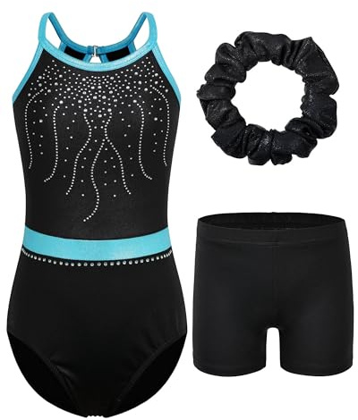 ZNYUNE Mädchen Turnanzug mit hose Haarband Set gymnastikanzug Kinder Shorts trikot turnen Ärmellos/Langarm Kleidung klassisch Turnbody B350 BlackAqua 10A
