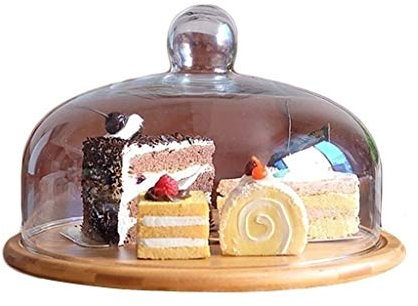 Alzate per torte a cupola per frutta per uso domestico con vassoio, coperchio per alimenti in vetro per la casa per la conservazione della freschezza Piatto per pasticceria scanalato in legno Vassoio