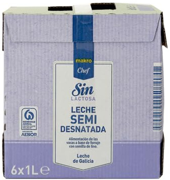 Makro Chef Leche Sin Lactosa - Desnatada, Entera y Semidesnatada - Pack de 6 x 1L | Leche de Galicia | Especial Hostelería (1 CAJA 6 L., Leche Semidesnatada Sin Lactosa Makro Chef)