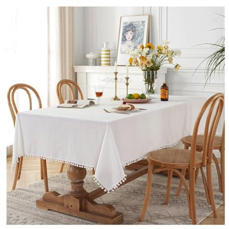 Epinki 140x140CM Tischdecken, Tischtuch Einfarbig mit Samtball Baumwolle Spitze, Biertisch Tischdecke Outdoor Dauerhaft Kratzfest Geeignet für Home Küche Dekoration, Verschiedene Größen, Weiß