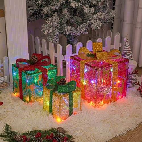 Set mit 3 beleuchteten Weihnachtsgeschenkboxen, Weihnachtsdekoration, 8 Leuchtmodi, beleuchtete Geschenkboxen, Weihnachtsschmuck für drinnen und draußen, Urlaub, Party, Weihnachten, Hof,