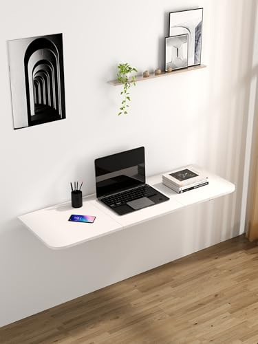 yeshine Tavolo pieghevole da parete, 120 x 40 cm, scrivania pieghevole con supporti per risparmiare spazio, lavanderia, cucina, balcone, ufficio a casa, bianco
