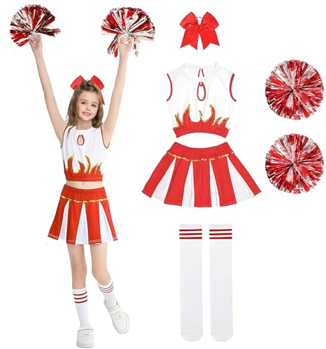 AOLIUP Karneval Cheerleader Kostüm Kinder: Cheerleading Outfit Mädchen - Cheer Uniform Kleid mit Pompons Socken und Kopfschmuck für Halloween Fasching Party Kostüme