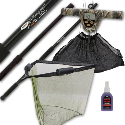 Carp Fishing Landing Net 42 Inch Dual Float Metal Spreader Stink Case 2m Net Telescopic Screw Fix Handle with Digital Camo Scale 110lbs/50kg Soft Mesh Weigh Sling & Fish Aid Spray Angler Gear Tackle