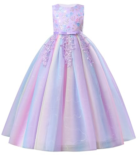 FYMNSI Flower Girl Dress Kids Sleeveless Wedding Bridesmaid Pageant Evening Formal Birthday Party Puffy Rainbow Tulle Tutu Princess Long Maxi Dresses First Communion Ball Prom Gown Purple 9-10 Years