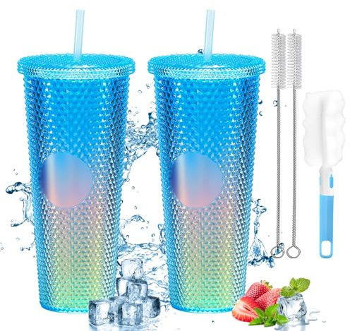 BORDEAG Trinkbecher mit Deckel und Strohhalm 710 ml, 2 Stück Thermobecher mit Strohhalm, Nieten Becher mit Deckel Und Strohhalm, Strohbecher Wasserbecher mit Großem Fassungsvermögen mit Topfbürste