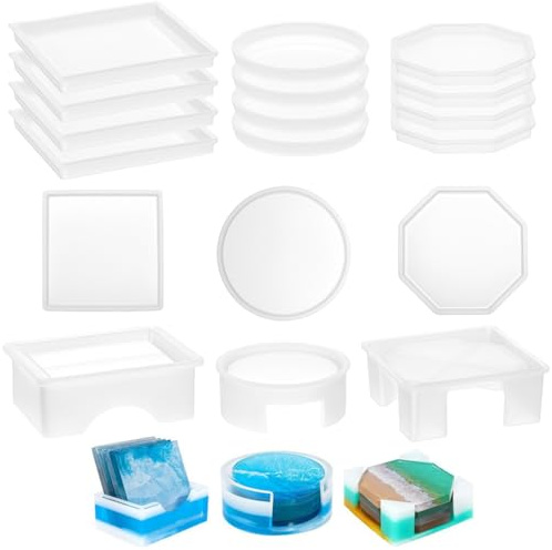 QWORK® 18 Stück Silikonharzformen Set, Epoxidharz Silikon Formen für DIY-Kunsthandwerk, Einschließlich Runder, Quadratischer und Achteckiger Untersetzerformen, für Tassenuntersetzern, Tabletts