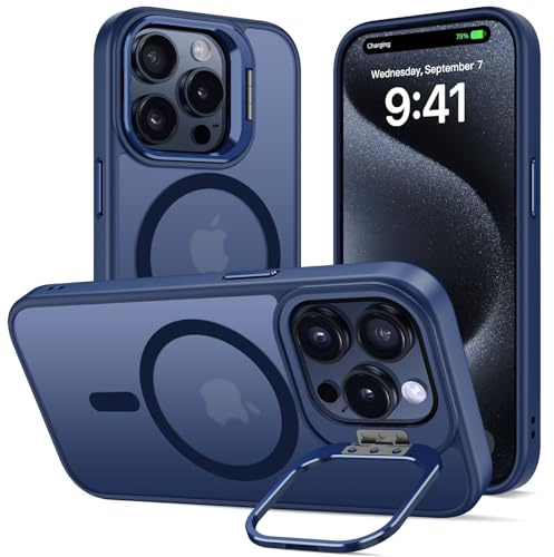 Cover Magnetica per iPhone 15 Pro con Cavalletto, Compatibile con Magsafe, Supporto per la Fotocamera Integrato Custodia, Militare Antiurto Sottile Protettiva Traslucida Glassata Case, Blu