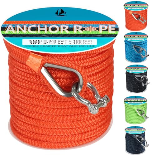 Anchor Rope 100 FT 1/2 in, Double Braided Anchor Line with 316 Stainless Steel Thimble & Shackle, Boat Anchor Rope Ideal for Towing, Mooring, Deck, Anchoring, Boats Up to 35' - Orange