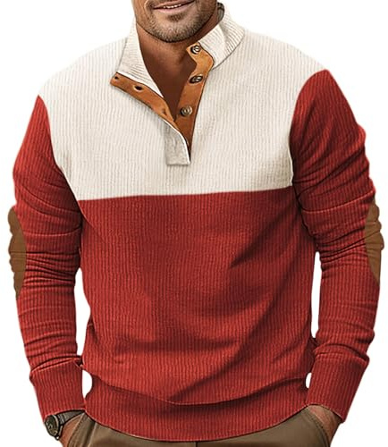 PRIVIMIX Herrtröja lätt tröja manchester jumper Henley t-shirt långärmad knapp M-3XL, Röd, XXL