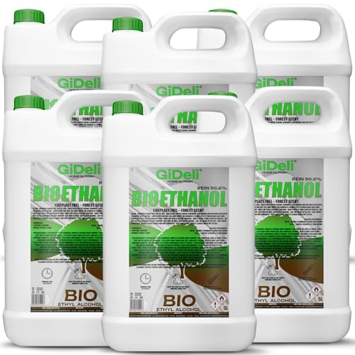GiDeli Bioetanolo 6 x 5 l profumo forestale 96,6% etanolo per camini interni ed esterni, senza fumo e fuliggine, da mais e barbabietola da zucchero