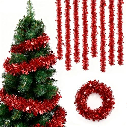 fshxj 8 PCS Guirlandes Lametta, Guirlande de Sapin Artificiel, Guirlande de Noël 2M, Guirlande de Noël Rouge, Couronnes de Baies, pour Décoration de Sapin de Noël, Bannière Avec