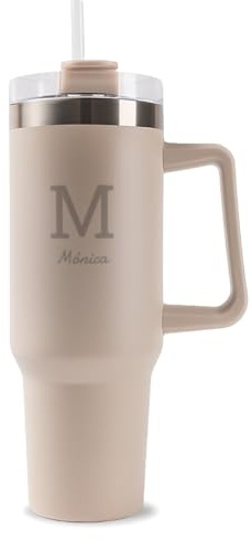 DEREGALOOS Botella Térmica Grabada 1,18 L Acero Inoxidable. Vaso con Pajita y Asa. Personalización Láser con Nombre o Texto. Regalo Original para Mamás, Papás o Profesores (Beige - Inicial y Nombre)