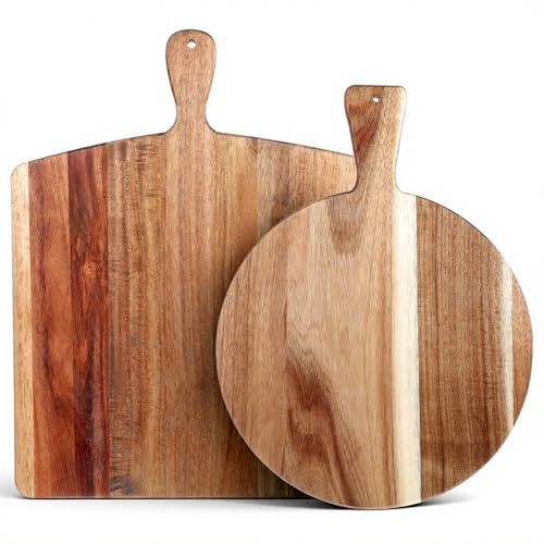 2 Pcs Acacia Wood Cutting Board with Handles Charcuterie Boards for Kitchen Round & Rectangular Wooden Cutting Board Set for Cheese Meat Fruit Pizza Bread, 16x12 Inch, 17x13 Inch