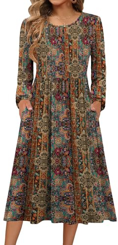 Zeagoo Flowy Midi Long Sleeve Dress for Women Fall Outfits 2026 Bohemian Floral Print Sundress with Pockets Ethnic Style M