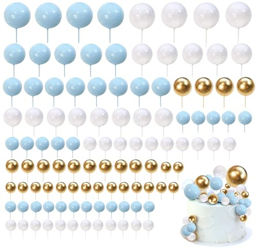 108 Pcs Ball Cake Topper Decorations(Sky Blue, White, Gold) | Mini Balloons Cake Topper Sticks, Foam Round Ball Cake Toppers for Wedding Party Birthday Cake Decorating