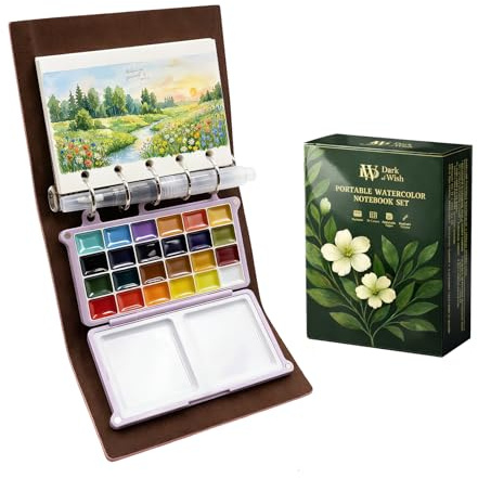 DarkWish Set di Mini Album da Disegno da Viaggio per acquerelli, 24 Colori e Pennello ad Acqua, in Pelle PU, Blocco Tascabile per Schizzi Urbani con Carta Bianca da 300 g/m², Regalo Plein Air per