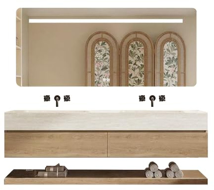 Generisch Wandhängendes Doppelwaschbecken-Set, Travertine Look, mit Spiegel, Unterschrank, Sinterstein, ohne Armaturenloch 【RW4822-BKK】 (130 * 55cm)