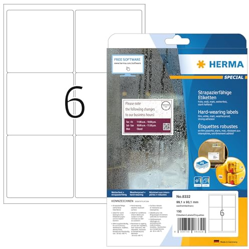 HERMA 8332 väderbeständiga folie fraktetiketter A4 (99,1 x 93,1 mm, 25 ark, polyesterfolie, matt) självhäftande, utskrivbara, extremt stark häftande adressetiketter, 150 klistermärken, vit