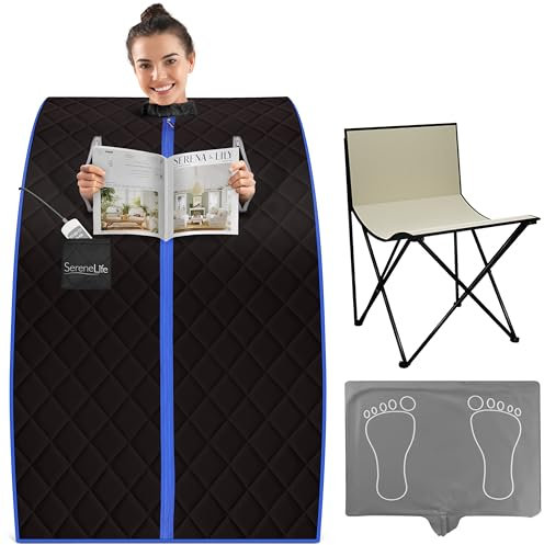 SereneLife Portable Infrared Sauna Box, 96.5cm x 81cm Personal Tent with Remote, Indoor Spa Relaxation Pod, Portable Steam for Tiny Homes, Outdoor or Indoor Use, Black