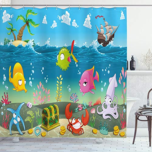 ABAKUHAUS Cartoon Duschvorhang, Meerestiere Unterwasser, Stoffliches Gewebe Badezimmerdekorationsset mit Haken, 175 x 180 cm, Mehrfarbig