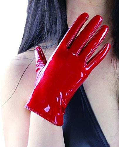 DooWay LATEX GLOVES Short Wrist Length Sexy Women Shiny Faux Leather 8-inch Evening Party Cosplay Dress Finger Gloves - Red - Medium