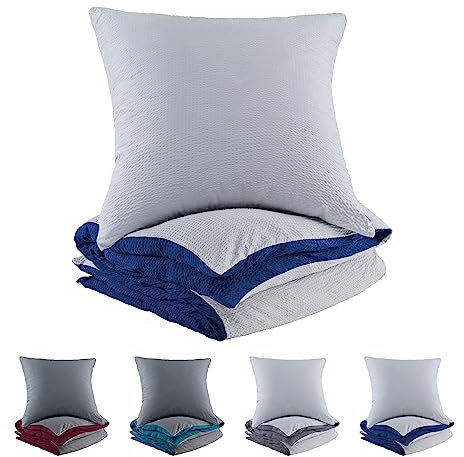 BaSaTex Mikrofaser Seersucker Bettwäsche und Kissenbezug Uni Wende Bettbezug für Bettdecke und Kissen| 135x200 + 80x80 | 100% Microfaser Polyester | Silber - Navy Dunkelblau