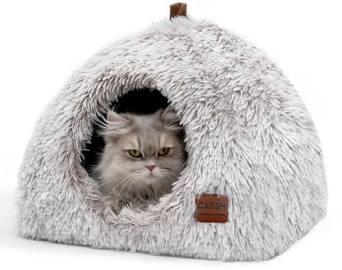 Igloo Cat and Dog Bed, Large Indoor Tent, 2 in 1 Anti-Slip Trundle Bed with Handle, Washable and Removable, Light Brown Cushion