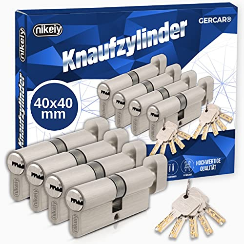 GERCAR Pro 4er Set Knaufzylinder gleichschließend 80mm Schließzylinder mit Knauf 40/40 Zylinder - Messing matt Massiv - inkl. 10 Schlüssel - Wendeschlüssel - Länge: 80 mm, A:40 B:40-4x