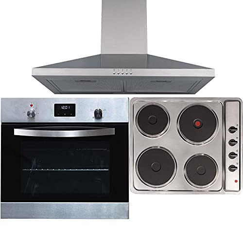 SIA SO114SS 60cm Stainless Steel Digital Electric Single Fan Oven, PHP601SS 4 Zone Solid Plate Hob & Chimney Cooker Hood