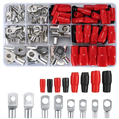 120 Pcs Bolt Hole Tinned Copper Terminals Set, Copper Ring Lug Terminals, Cable lugs Ring Battery SC Terminal Set, Wire Terminal Crimp Connector Marine Grade Cold-Pressed Crimp Type (60+60)