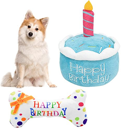 MINSHUXI Hund Geburtstagstorte Spielzeug Quietschendes Hundespielzeug Geburtstagsknochen Plüsch Quietschend Spielzeug Kuchen Spielzeug für Haustier Interaktives Geburtstagsgeschenk