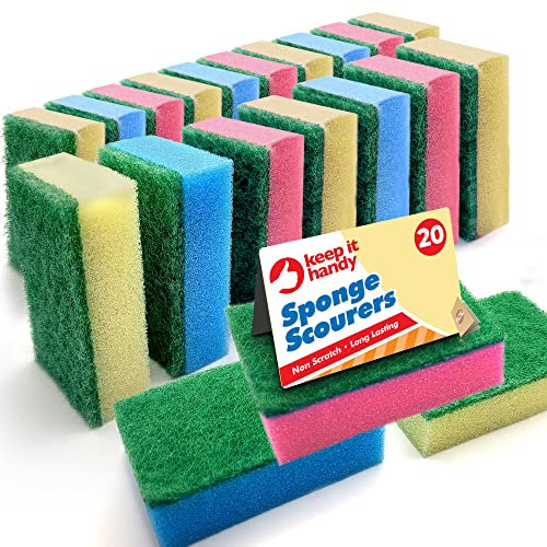 SOL 20pk Small Sponge Scourers for Kitchen - Blue, Pink, Yellow Washing Up Sponges, Durable and Effective for Cleaning, Dishwashing, and Bathroom Surfaces, Perfect for Daily Use in Kitchen and Home