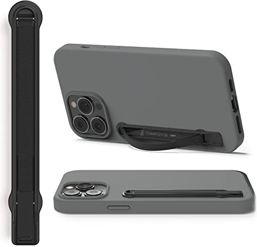 SleekStrip SleekGrip-Premium Ultra Thin Phone Grip Stand,Slim Metal Finger Loop Ring Hand Holder Strap Cell Phone Grips for iPhone 16 Pro Max,17,Android,Case Back - Gunmetal x Black Vegan Leather