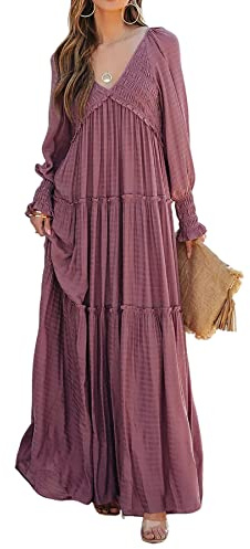 R.Vivimos Long Sleeve V Neck Maxi Dress for Women Smock Tiered Ruffle A Line Flowy Long Dresses