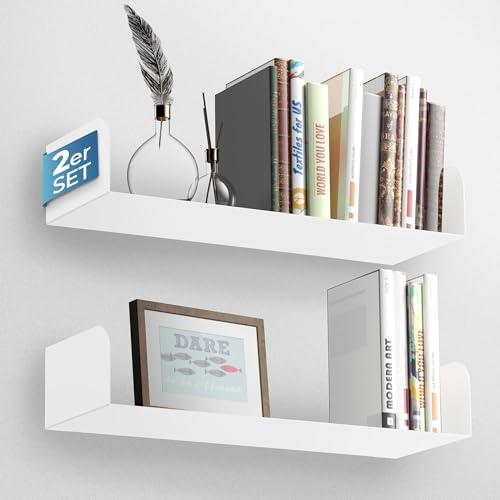 FineLane Étagère murale, design moderne, bibliothèque, étagère murale pour bureau, salon, cuisine et salle de bain, à fixer sans perçage, blanche