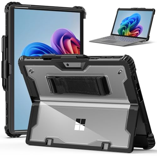 Gerutek Coque Antichoc pour Microsoft Surface Pro 13/Pro 11/Pro 10/Pro 9 (2026/2024/2022), Étui Robuste Compatible avec Support, Type Cover Clavier, Bragonne et Bandoulière, Porte-Stylet, Transparent | Étui de protection avec support, dragonne, porte-stylo, compatible avec le clavier Type Cover
