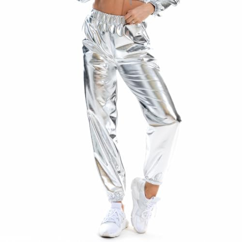 NewL Damen-Jogginghose, metallisch, glänzend, lässig, holografische Farbe, Streetwear-Hose, Hip-Hop-Mode, glatt, elastisch, Glänzendes Silber, XL