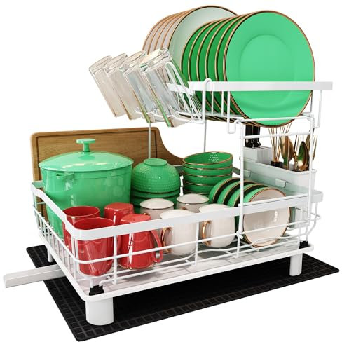 2 Tier Dish Drainer Rack, 2 Tier Dish Drainer with Drip Tray and Drying Mat, Stainless Steel Dish Drying Rack with 360° Swivel Drainage Spout, Utensil Holder, Cup Holder, Cutting-Board Holder, White