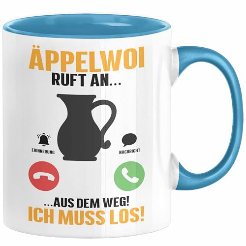 Äppelwoi Ruft An Tasse Ich Muss los Apfelwein Bembel Krug Kaffee-Tasse Hessische Apfelweinkrug Bembel Äppler Häferl (Blau)