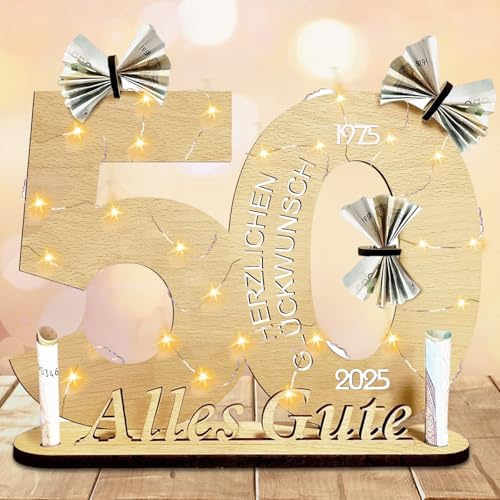 Booaee 50. Geburtstag Deko,Holz Geldgeschenke, LED Lichterkette Ständer | Geschenke zum 50 Geburtstag für Frau und Mann, Alles Gute zum 50.Geburtstag, Coole Tischdeko und Jubiläum