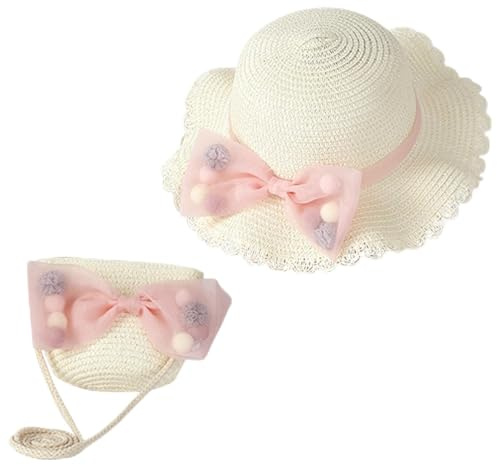 Copbopwn Cappello da Sole per Bambine e Mini Borsa a Tracolla Cappello di Paglia per Bambini con Fiocco Estate Spiaggia Ragazze Cappelli da Sole per Vacanze Viaggi All'aperto (Paglia, Bianco)