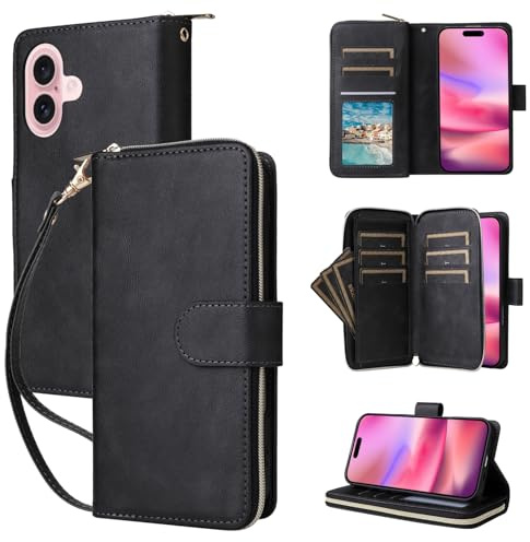 Unichthy For iPhone 16 Case 9 Card Holder Zipper Bag with Strap Shockproof Leather Flip Wallet Handbag Zip Pocket Phone Cover Stand Folio Magnetic Purse for iPhone 16 Black