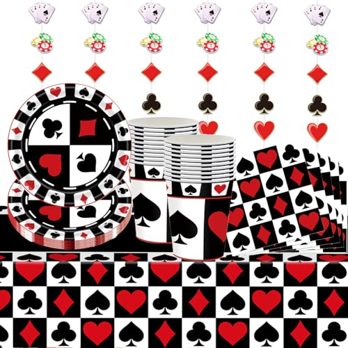 67 Stück Poker Geburtstagsdekorationen - Poker Teller, Servietten, Tassen, Tischdecken und Hängende Dekorationen für 20 Gäste Poker Casino Night Party Zubehör