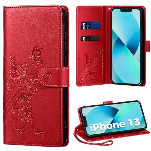 Thorhülle Handyhülle für iPhone 13 Hülle, Schutzhülle für iPhone 13 PU Lederhülle Tasche Flip Case Kartensteckplätzen Klapphülle Kompatibel mit iPhone 13 Hülle, Rot