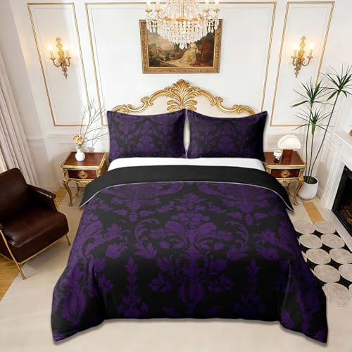 Homemissing Purple Black Vintage Damask Floral Duvet Cover Set Double Size Gothic Bohemia Floral Bedding Set for Kids Boys Girls Oriental Antique Duvet Cover with 2 Pillowcase Luxury Flower Print