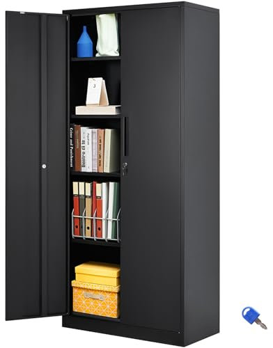 Metallschrank mit verschließbaren Türen, verstellbare Regale, 180 cm hoch, Stahlschrank für Büro, Zuhause, Garage, Schwarz