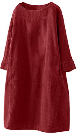 Robe d'été à rayures vintage en velours côtelé de couleur unie à manches longues pour femme, bordeaux, L