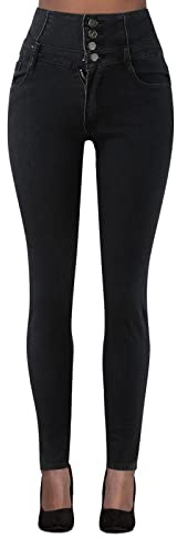 Jean Femme Taille Haute Skinny Braguette boutonnée Jeans Slim Push up Fesse Amincissant Pantalon Stretch Femme Extensible Coupe ajustée Crayon Hanche Jean Taille Elastique en Denim Pants (Black, S)